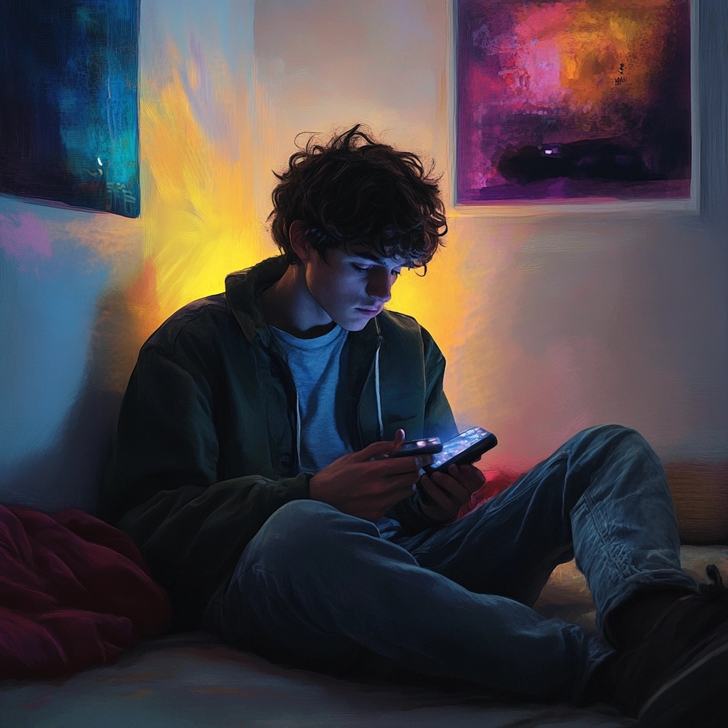 Giovane donna che usa lo smartphone con illuminazione rossa