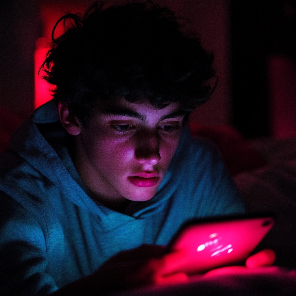 Giovane che usa lo smartphone in illuminazione rossa e blu