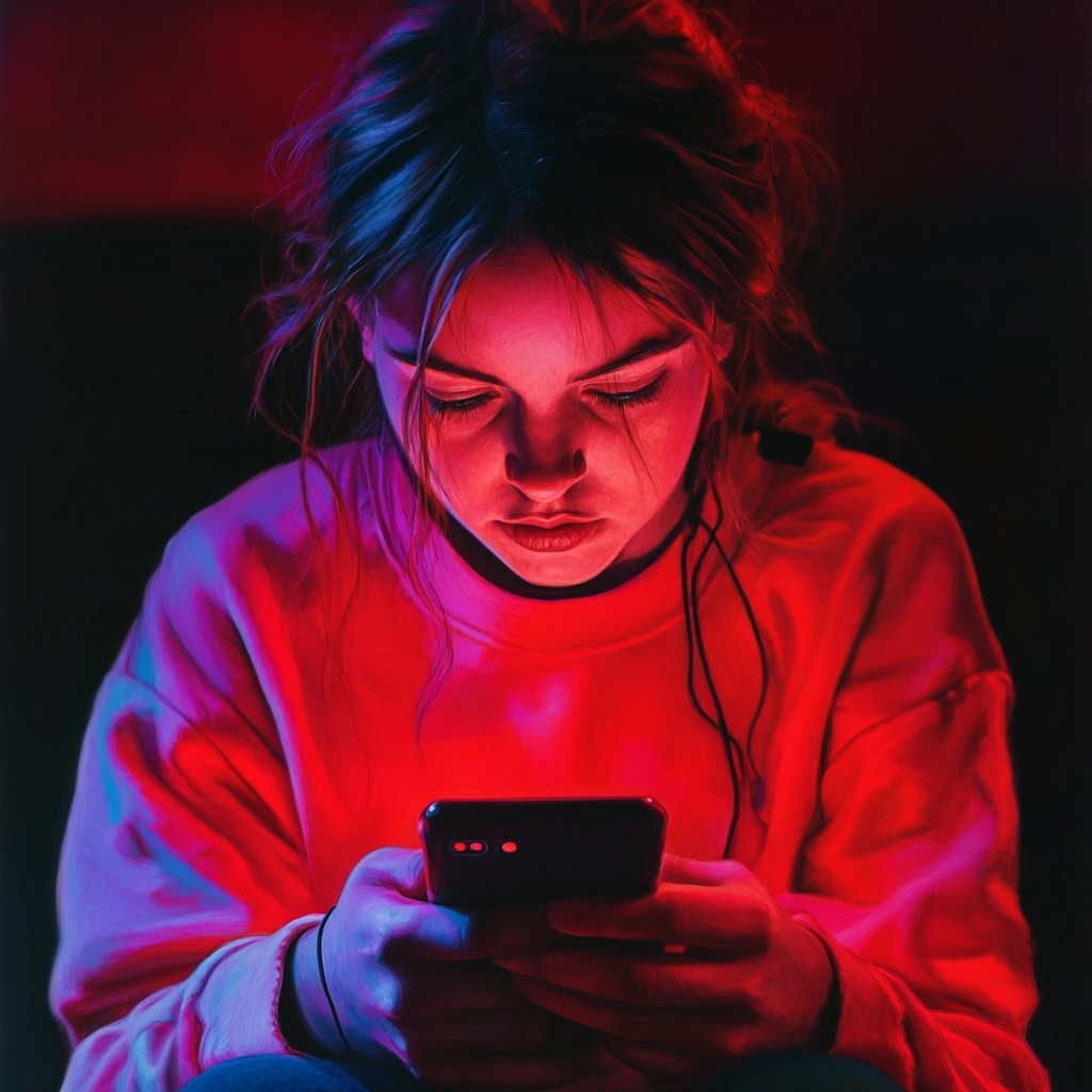 Giovane che usa lo smartphone in illuminazione blu