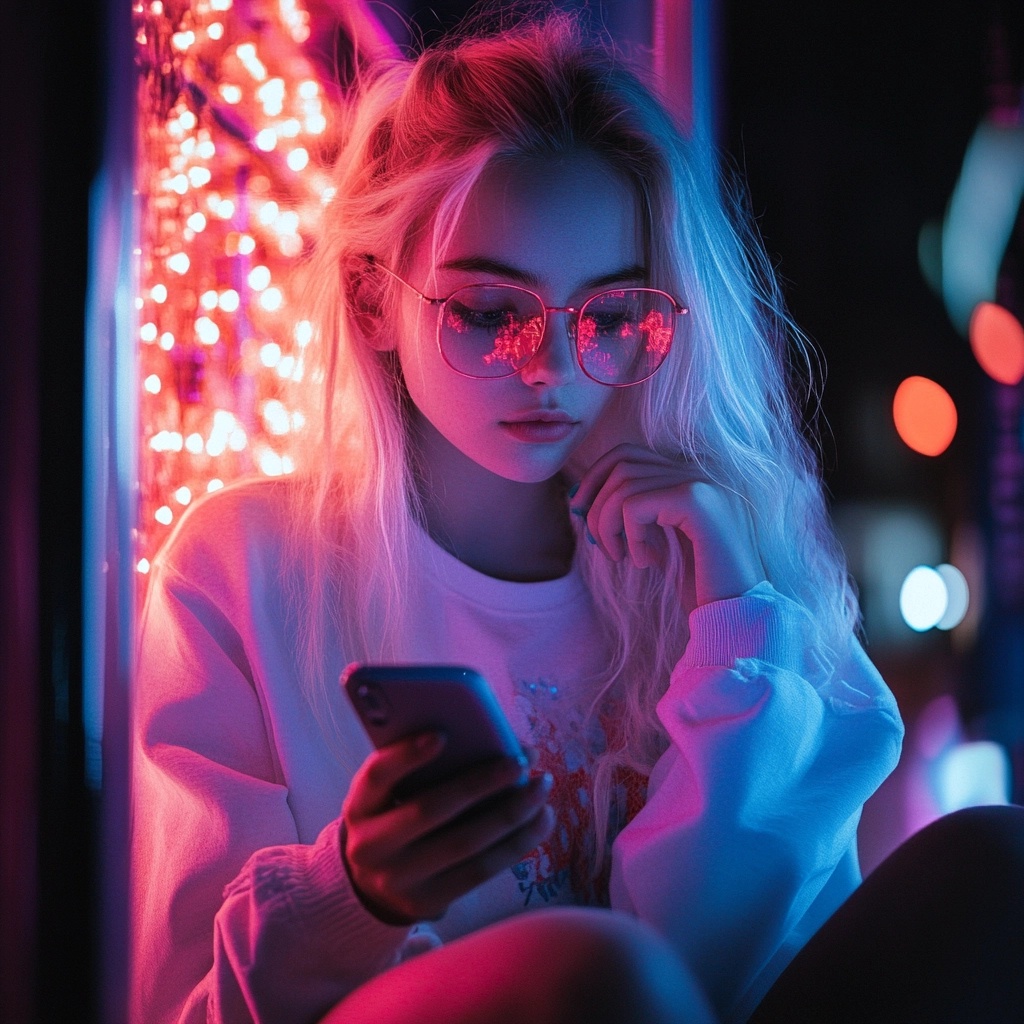 Adolescente che usa lo smartphone a letto con illuminazione rossa e blu