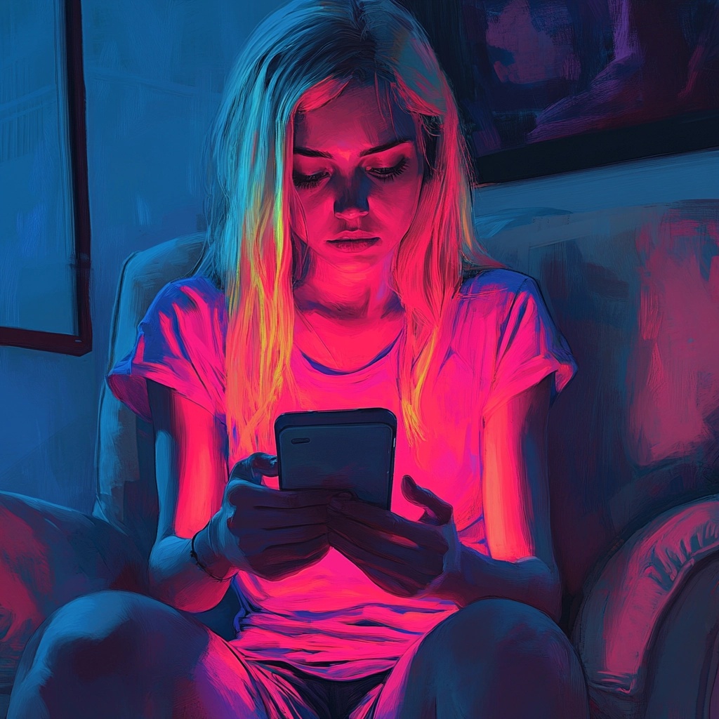 Giovane donna che usa lo smartphone con illuminazione rossa e blu